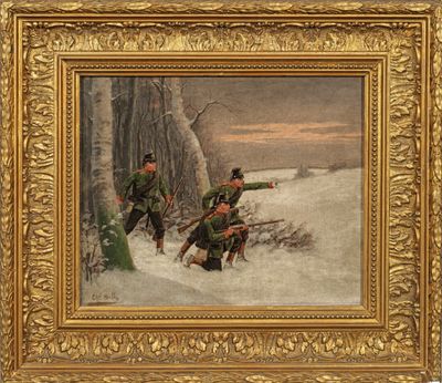 a painting of soldiers in the snow near a tree
