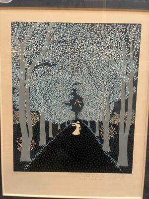 tableau représentant une femme se promenant dans une forêt avec un chien