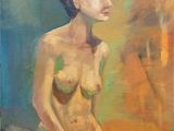 an oil painting of a nude woman sitting on a chair