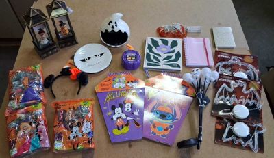 a table with a lot of halloween items on it