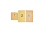 three pieces of paper with a picture of a horse and a bird on them