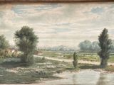 a picture of a painting of a landscape in a wooden frame