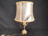 a lamp that is sitting on a table with a black background