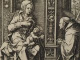 an image of a drawing of a woman holding a baby and a man sitting in front of a clock