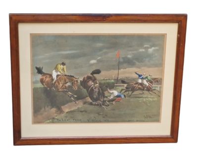 tableau représentant une course hippique avec des jockeys et des chevaux franchissant un obstacle