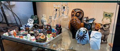 une vitrine en verre contenant de nombreux objets
