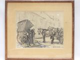 dessin représentant une calèche tirée par des chevaux, avec un homme debout à côté