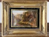 une image d'un tableau représentant une scène de montagne dans un cadre doré