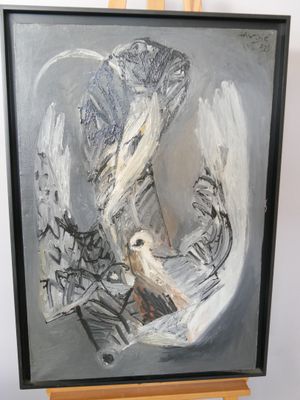 une peinture à l'huile représentant un oiseau perché sur un chevalet en bois