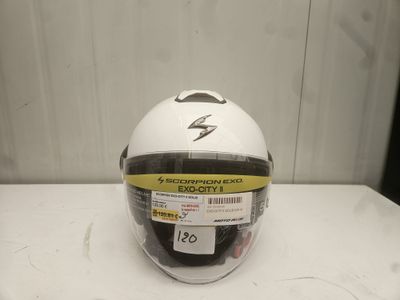 the helmet is white and has a yellow stripe on it