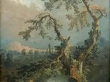a painting of a group of people sitting under a tree