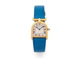 a close up of a wrist watch with a blue strap