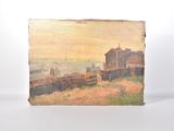 tableau représentant une vue d'une ville depuis une colline par une journée ensoleillée