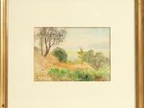 an image of a painting of a landscape with trees in the foreground