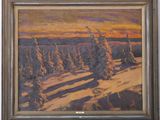 une peinture à l'huile représentant un paysage enneigé avec des arbres au premier plan