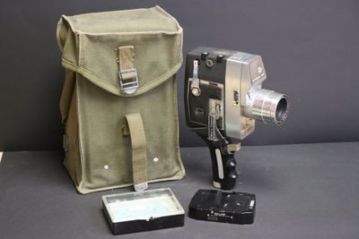 a camera and a bag sitting on a table