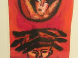 a picture of a painting of a woman with a bird on her head