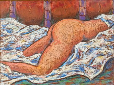an oil painting of a nude woman laying on a bed