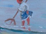 a painting of a woman on the beach with a paddle
