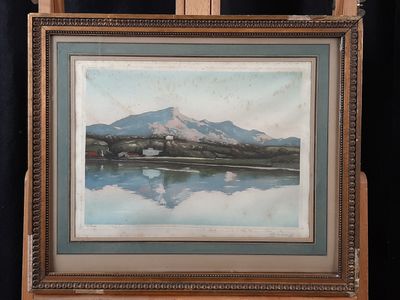 an oil painting of a mountain with a lake in the foreground