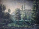 une photo d'un tableau représentant une scène de forêt accroché au mur