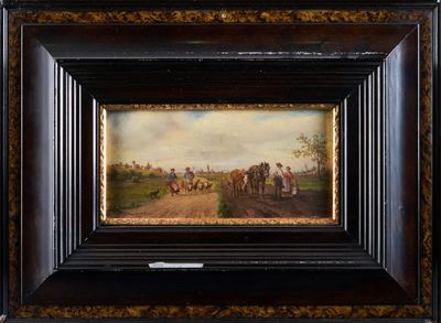 tableau représentant une calèche tirée par des chevaux sur un chemin de terre, avec deux hommes à bord