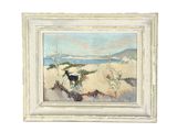 une peinture à l'huile représentant un chien sur le sable au bord de l'océan
