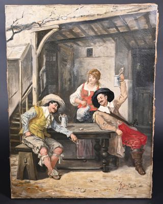 J. DU MOND (XIXe siècle). Hommes attablés.