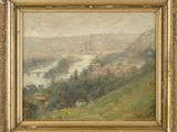 a painting of a landscape with a river and a town in the distance
