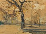 un tableau représentant un arbre au milieu d'un parc