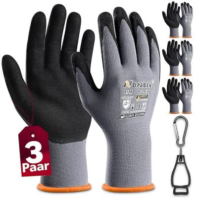 an image of a pair of black and gray gloves with 3 pairs of gray and orange gloves