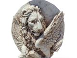 statue of a lion with wings and a shield on a white background