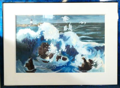 a picture of a painting of two bears in the water