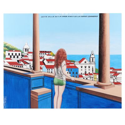 a painting of a woman standing on a balcony looking out at the ocean