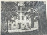 framed picture of a man walking a dog in front of a building