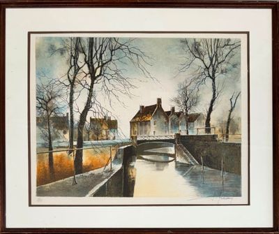 aquarelle encadrée et montée sur passe-partout représentant un pont au-dessus d'une rivière