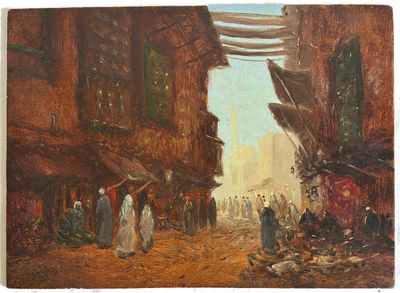 peinture d'une scène de rue avec des personnes marchant dans la rue