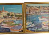two paintings of boats in a harbor with buildings in the background