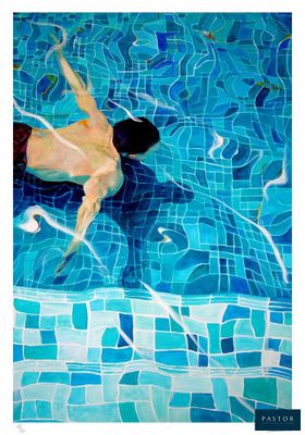 painting of a man swimming in a pool with blue tiles