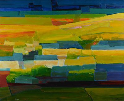 une peinture abstraite représentant un champ jaune avec un ciel bleu en arrière-plan