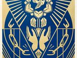 une affiche bleue et dorée représentant deux mains tenant une fleur