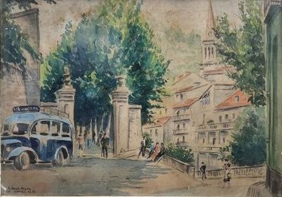 une peinture représentant une scène de rue avec un bus sur la route