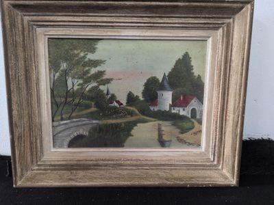 an old picture of a painting of a farm scene with a horse drawn carriage
