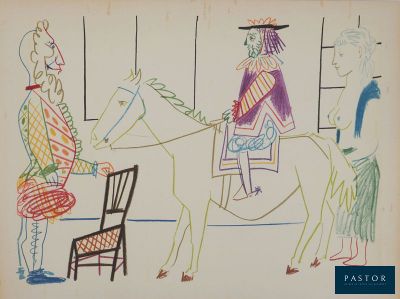 dessin représentant un homme à cheval et une femme assise sur une chaise