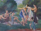 a painting of a group of people in a park