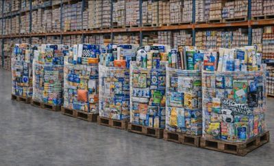 a large amount of sodas stacked on pallets in a warehouse