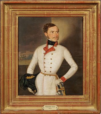 une peinture à l'huile représentant un homme en uniforme blanc avec un nœud papillon rouge