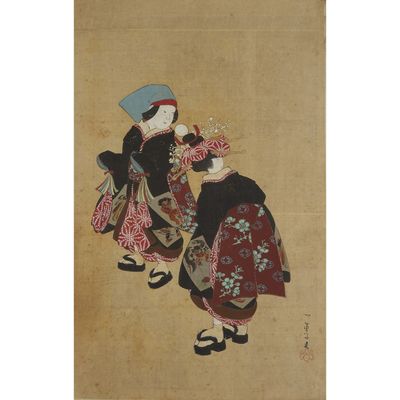 a painting of two women dressed in traditional clothing and hats