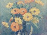 painting of yellow flowers in a green vase on a table