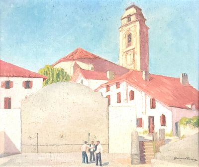 a painting of a couple of people standing in front of a building